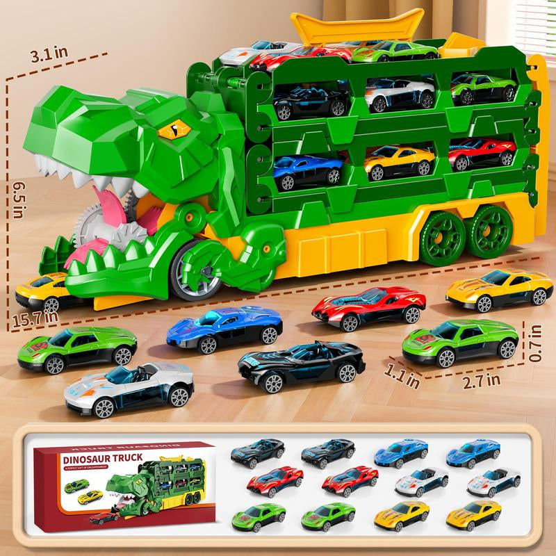Dinosaur Transport Truck Toy Set with 10 Die-Cast Cars Launching and Transforming into Dinosaur for Boys