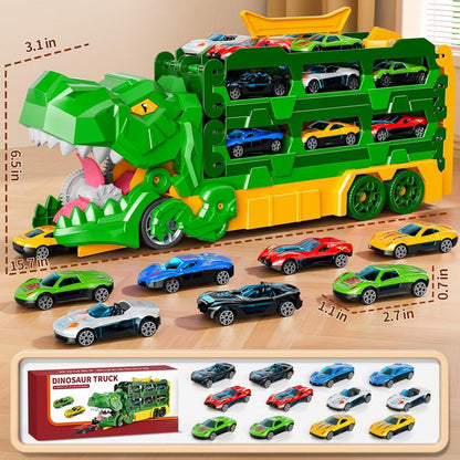 Dinosaur Transport Truck Toy Set with 10 Die-Cast Cars Launching and Transforming into Dinosaur for Boys