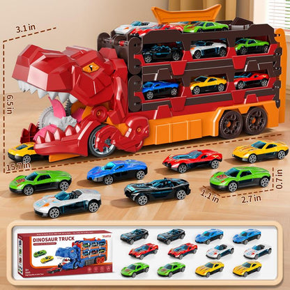 Dinosaur Transport Truck Toy Set with 10 Die-Cast Cars Launching and Transforming into Dinosaur for Boys