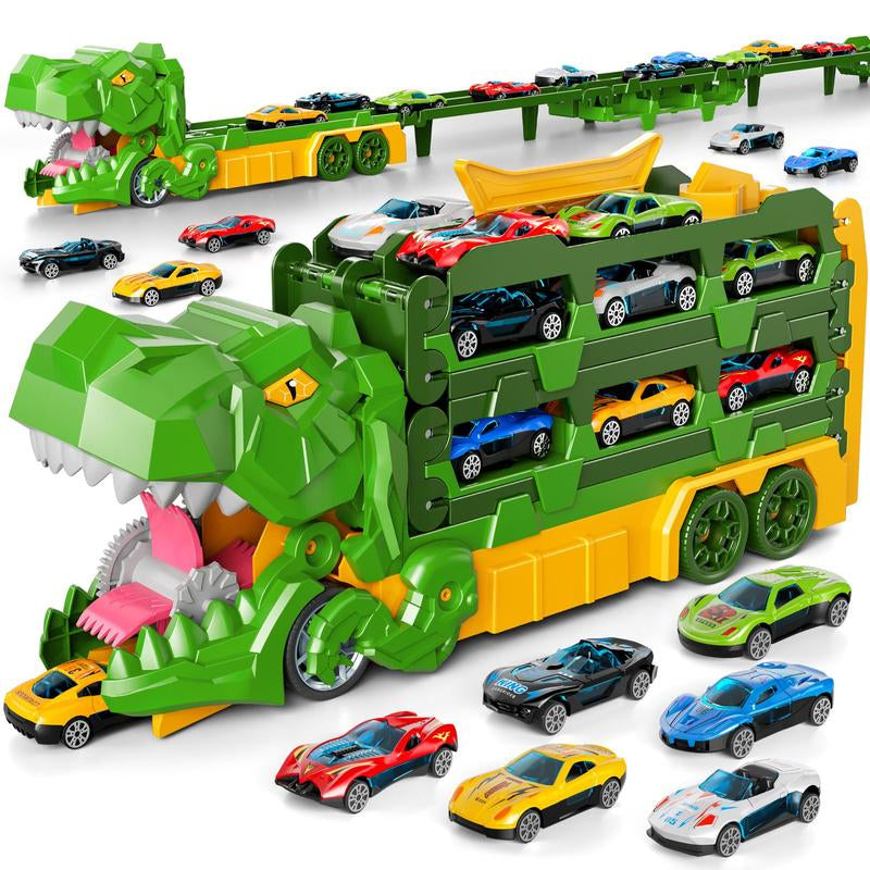 Dinosaur Transport Truck Toy Set with 10 Die-Cast Cars Launching and Transforming into Dinosaur for Boys