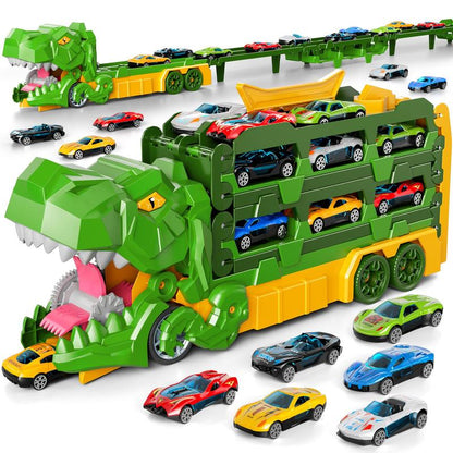 Dinosaur Transport Truck Toy Set with 10 Die-Cast Cars Launching and Transforming into Dinosaur for Boys
