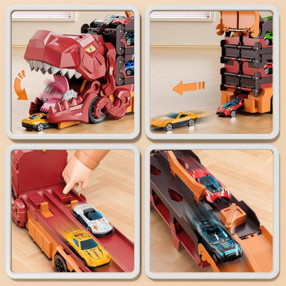 Dinosaur Transport Truck Toy Set with 10 Die-Cast Cars Launching and Transforming into Dinosaur for Boys