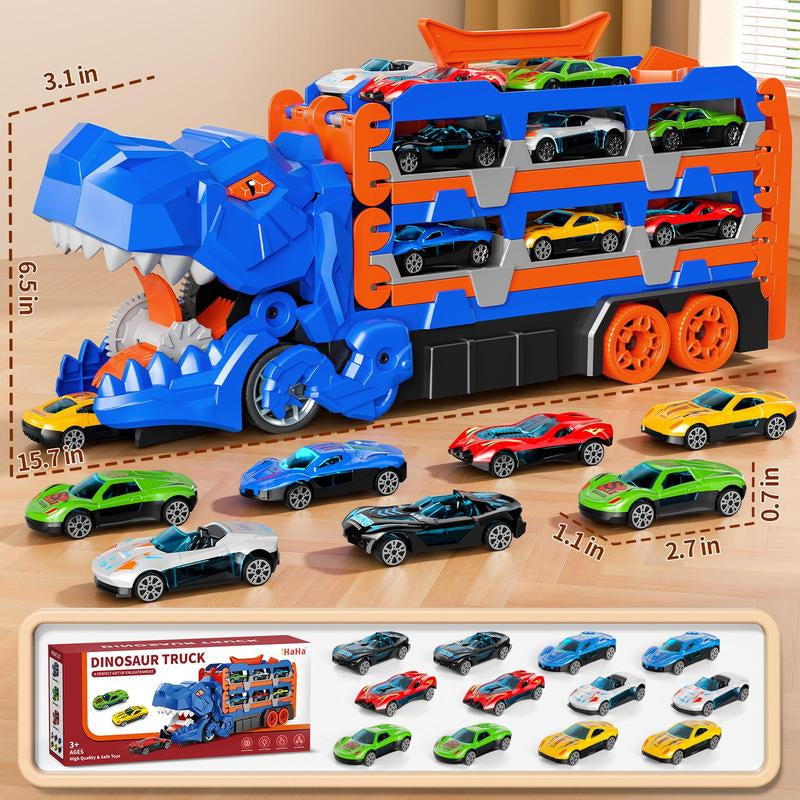 Dinosaur Transport Truck Toy Set with 10 Die-Cast Cars Launching and Transforming into Dinosaur for Boys