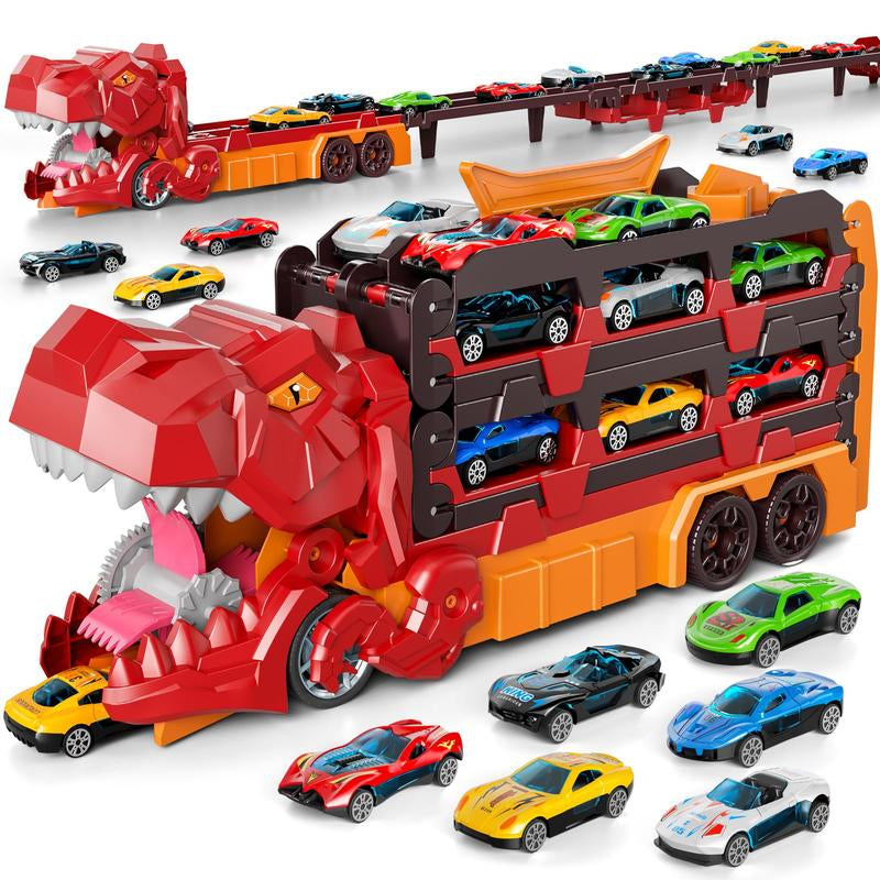 Dinosaur Transport Truck Toy Set with 10 Die-Cast Cars Launching and Transforming into Dinosaur for Boys