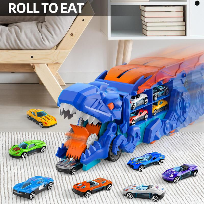Dinosaur Transport Truck Toy Set with 10 Die-Cast Cars Launching and Transforming into Dinosaur for Boys