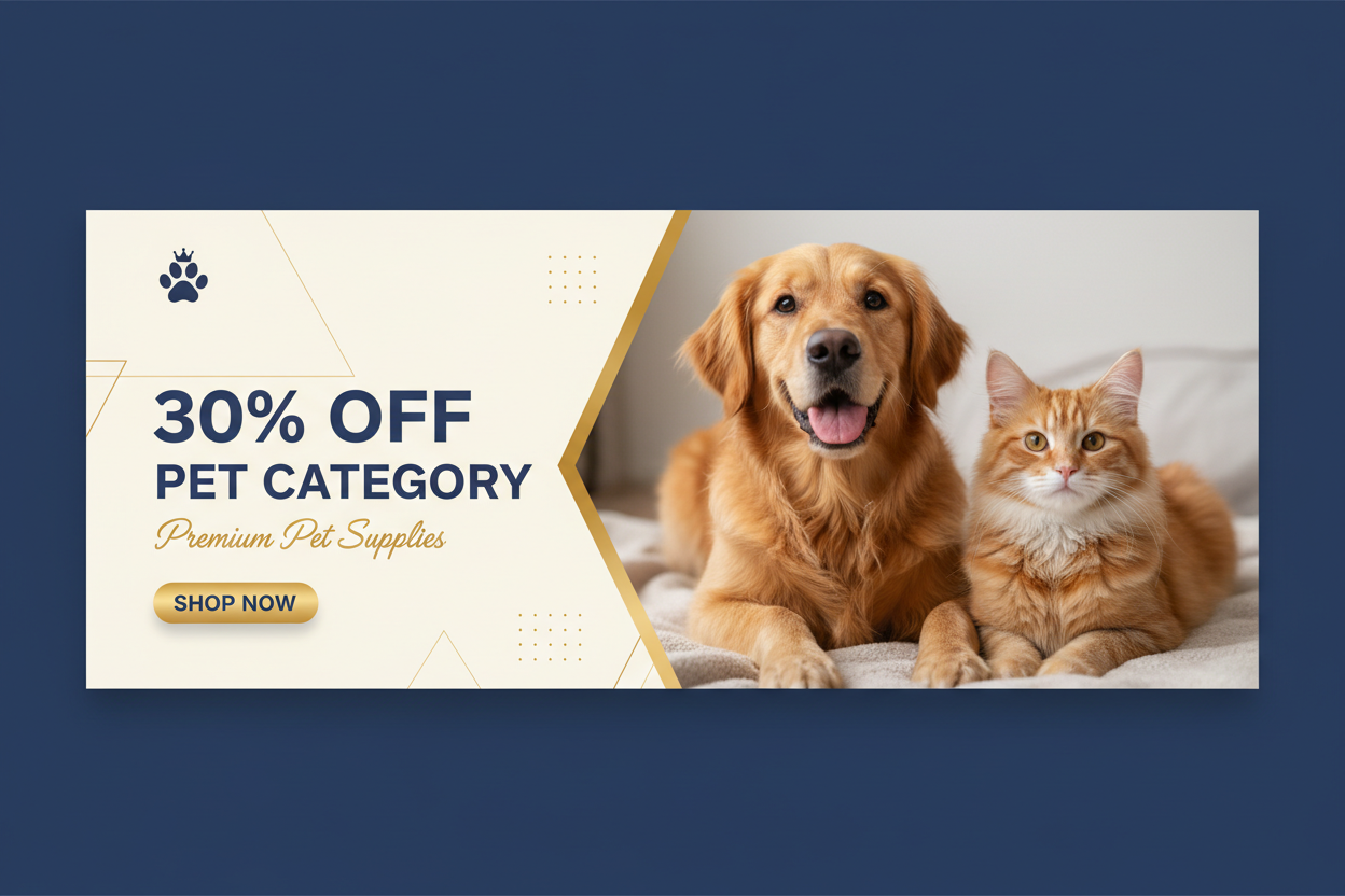 branded looking website banner using rule of third lift side add text right side pets image with add 30%off on pet categery