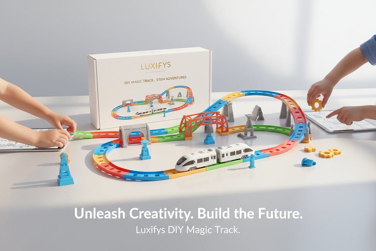 "Create a premium website banner for the US market for a brand called Luxifys. Design style should be clean, modern, and high-end. Use a soft white or light gray background with smooth shadows and subtle gradients. Place the DIY Magic Track STEM Train Set as the main focus, arranged neatly with a premium product box. Add soft natural lighting, realistic reflections, and a Montessori-inspired educational vibe. Include children’s hands assembling track pieces (hands only, no faces) to highlight hands-on learn