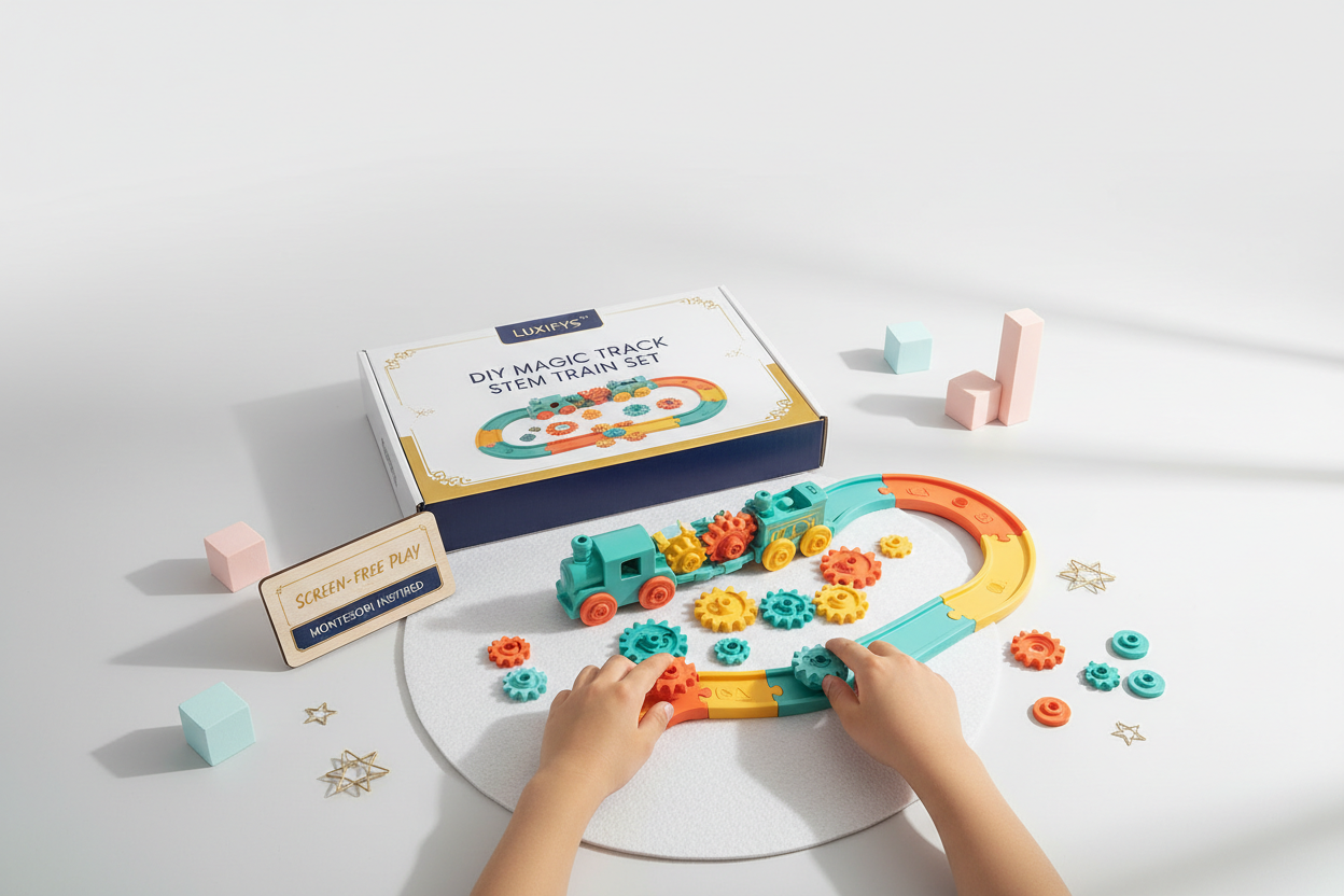 "Create a vertical mobile banner for the US brand Luxifys. Use a clean white or gray background with soft premium lighting. Show the DIY Magic Track STEM Train Set arranged neatly with its premium box. Add kids’ hands assembling the toy to emphasize STEM learning and screen-free play. Use minimal gold, navy blue, or soft pastel accents. Keep layout simple with open space at the top for text. High-end, Montessori-inspired, USA premium feel."