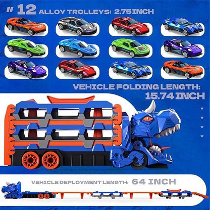 Dinosaur Transport Truck Toy Set with 10 Die-Cast Cars Launching and Transforming into Dinosaur for Boys