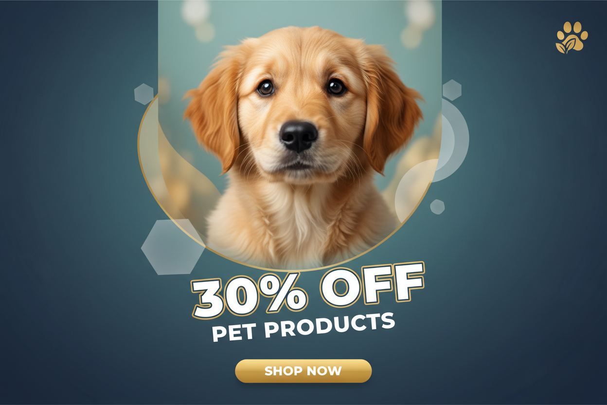 desgin modren and branded looking banner for mobile add pet image and text 30% off on pet categery size 1080*1920px