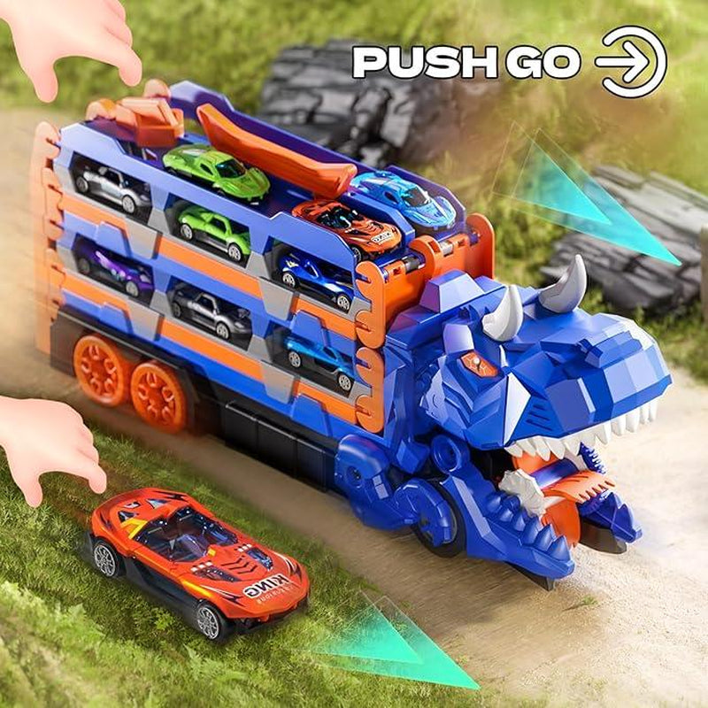 Dinosaur Transport Truck Toy Set with 10 Die-Cast Cars Launching and Transforming into Dinosaur for Boys